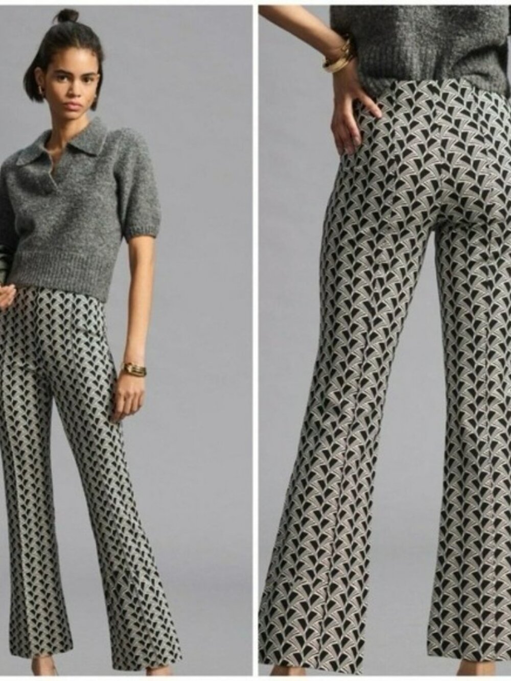 Maeve Black & Cream Geometric Flared Pants